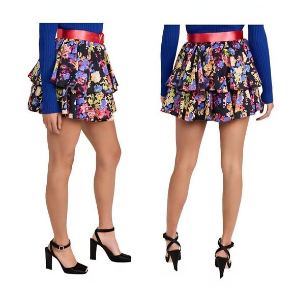 Nwt Caroline Costas - S - Women's Reign Floral Belted Mini Skirt $440 - Picture 1 of 6